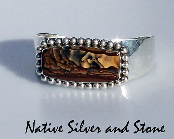 Z Artie Yellowhorse - Navajo Jewelry<br>Handmade Bracelet Cuff<br>Deschutes Picture Jasper<br>Sterling Silver Beaded Perimeter<br>Size 6-1/2 (Medium)