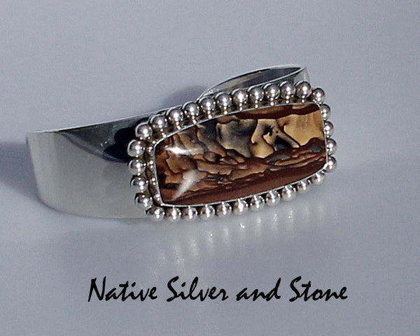 Z Artie Yellowhorse - Navajo Jewelry<br>Handmade Bracelet Cuff<br>Deschutes Picture Jasper<br>Sterling Silver Beaded Perimeter<br>Size 6-1/2 (Medium)