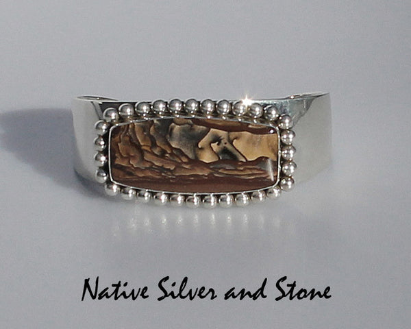 Z Artie Yellowhorse - Navajo Jewelry<br>Handmade Bracelet Cuff<br>Deschutes Picture Jasper<br>Sterling Silver Beaded Perimeter<br>Size 6-1/2 (Medium)