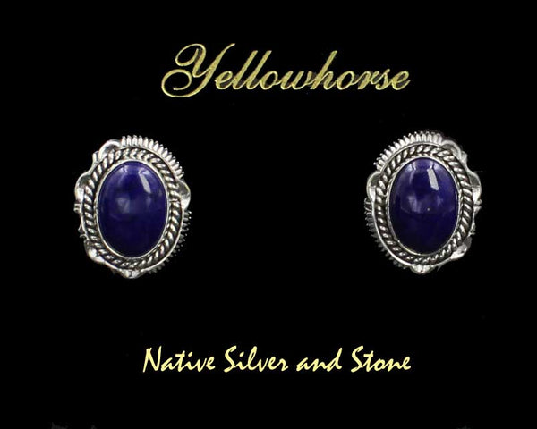 Z Artie Yellowhorse - Navajo<br>3/4" Earrings<br>14mm Lapis Lazuli<br>Vertical Ovals<br>Single Twist & Sawcut with Pinches<br>Post<br>Sterling Silver