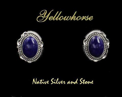 Z Artie Yellowhorse - Navajo<br>3/4" Earrings<br>14mm Lapis Lazuli<br>Vertical Ovals<br>Single Twist & Sawcut with Pinches<br>Post<br>Sterling Silver