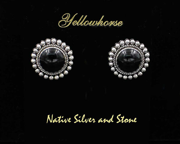 Z Artie Yellowhorse - Navajo<br>1" Earrings - Round<br>14mm Onyx - Rising Sun<br>Single Twist & Bead<br>Post<br>Sterling Silver