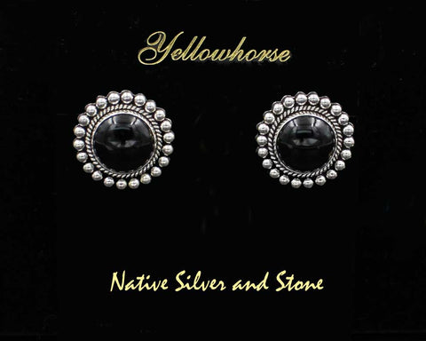 Z Artie Yellowhorse - Navajo<br>1" Earrings - Round<br>14mm Onyx - Rising Sun<br>Single Twist & Bead<br>Post<br>Sterling Silver