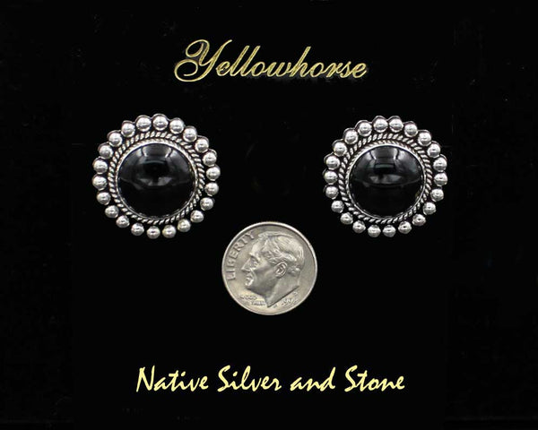 Z Artie Yellowhorse - Navajo<br>1" Earrings - Round<br>14mm Onyx - Rising Sun<br>Single Twist & Bead<br>Post<br>Sterling Silver