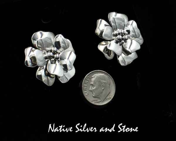 Artie Yellowhorse - Navajo<br>ERPASDW<br>1-1/8"Earrings <br>3D Dogwood Flower 6B<br>Post<br>Sterling Silver