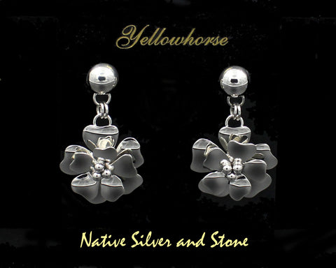 Z Artie Yellowhorse - Navajo<br>1-15/16" Earrings<br>3D Dogwood Flower 3B<br>Dangle Post<br>Sterling Silver
