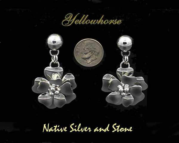 Z Artie Yellowhorse - Navajo<br>1-15/16" Earrings<br>3D Dogwood Flower 3B<br>Dangle Post<br>Sterling Silver