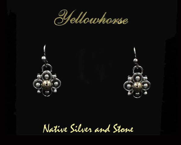 Artie Yellowhorse - Navajo<br>5/8" Earrings<br>4 Leaf Clover/Flower - Small<br>Shadowbox<br>Hook<br>Sterling Silver - 14k GOLD