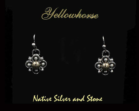 Artie Yellowhorse - Navajo<br>5/8" Earrings<br>4 Leaf Clover/Flower - Small<br>Shadowbox<br>Hook<br>Sterling Silver - 14k GOLD