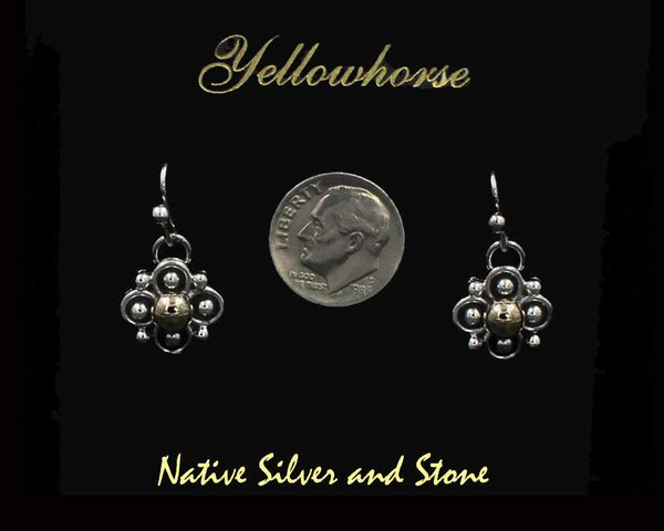 Artie Yellowhorse - Navajo<br>5/8" Earrings<br>4 Leaf Clover/Flower - Small<br>Shadowbox<br>Hook<br>Sterling Silver - 14k GOLD