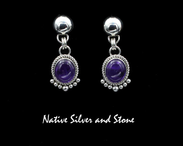 Z Artie Yellowhorse - Navajo<br>1-1/2" Amethyst Earrings<br>12mm x 10mm Vertical Ovals<br>Single Twist & 7 Beads<br>Dangle-Post<br>Sterling Silver