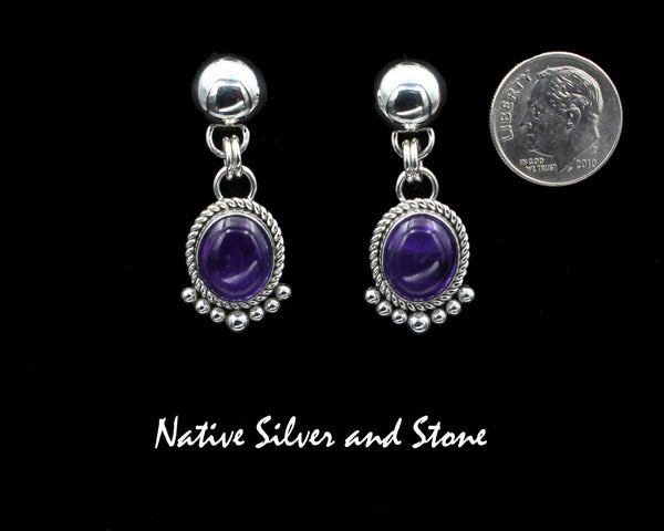 Z Artie Yellowhorse - Navajo<br>1-1/2" Amethyst Earrings<br>12mm x 10mm Vertical Ovals<br>Single Twist & 7 Beads<br>Dangle-Post<br>Sterling Silver