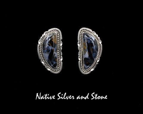 Z Artie Yellowhorse - Navajo<br>EPTSCP<br>1-1/4" Pietersite Earrings (Blue)<br>25mm x 10mm Half Moon<br>Single Twist & Saw-cut<br>Post<br>Sterling Silver