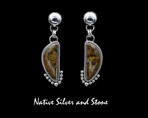 Artie Yellowhorse - Navajo<br>EPTDP<br>2" Pietersite Earrings (Brown-Gold)<br>25mm x 9mm Half Moon<br>Single Twist & 9 Beads<br>Dangle-Post<br>Sterling Silver