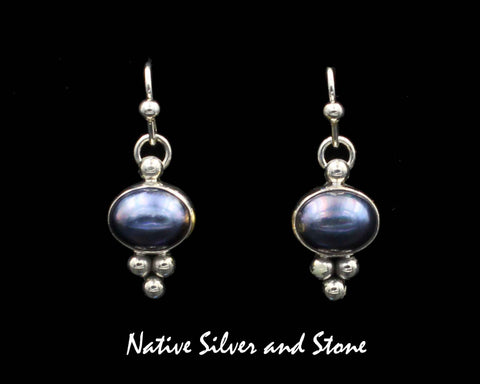 Z Artie Yellowhorse - Navajo<br>ERSHP3B<br>3/4" Earrings<br>Pearl - Dark Silver Blue Horizontal Oval<br>Bead Accents<br>Hook<br>Sterling Silver