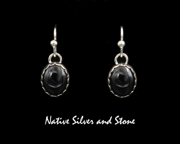 Z Artie Yellowhorse - Navajo<br>1/2" Earrings<br>Onyx Oval<br>Plain "Pie Crust" Bezel<br>Hook<br>Sterling Silver