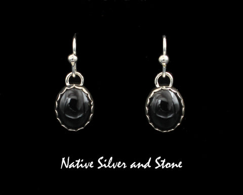 Z Artie Yellowhorse - Navajo<br>1/2" Earrings<br>Onyx Oval<br>Plain "Pie Crust" Bezel<br>Hook<br>Sterling Silver