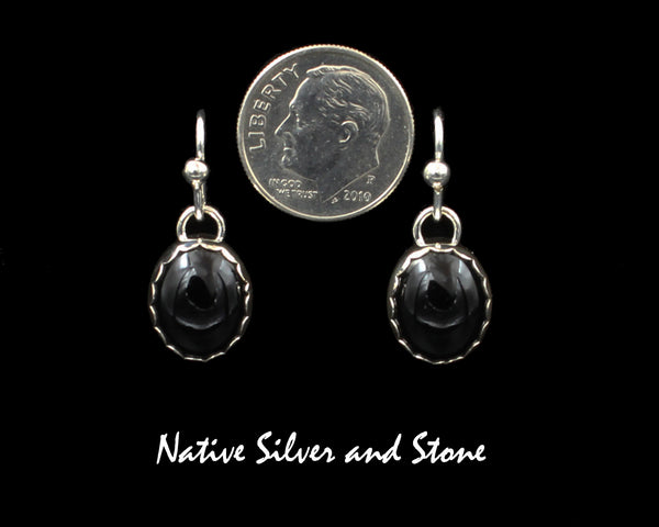 Z Artie Yellowhorse - Navajo<br>1/2" Earrings<br>Onyx Oval<br>Plain "Pie Crust" Bezel<br>Hook<br>Sterling Silver
