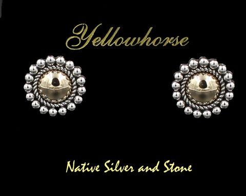 Z Artie Yellowhorse - Navajo<br>3/4" Earrings<br>10mm 14k Gold Domes<br>Silver Twist & Bead<br>Post