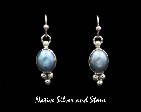 Z Artie Yellowhorse - Navajo<br>7/8" Earrings<br>Pearl - Silver Blue Vertical Oval<br>Bead Accents<br>Hook<br>Sterling Silver