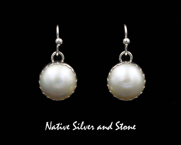 Z Artie Yellowhorse - Navajo<br>ERSHPPC<br>1/2" Earrings<br>13mm White Mabe Pearl Round<br>Plain "Pie Crust" Bezel<br>Hook<br>Sterling Silver