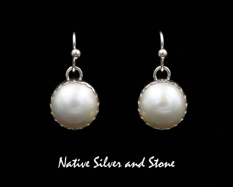 Z Artie Yellowhorse - Navajo<br>ERSHPPC<br>1/2" Earrings<br>13mm White Mabe Pearl Round<br>Plain "Pie Crust" Bezel<br>Hook<br>Sterling Silver