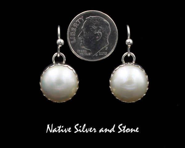 Z Artie Yellowhorse - Navajo<br>ERSHPPC<br>1/2" Earrings<br>13mm White Mabe Pearl Round<br>Plain "Pie Crust" Bezel<br>Hook<br>Sterling Silver