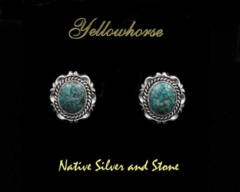 Z Artie Yellowhorse - Navajo<br>3/4" Earrings<br>12mm Chinese Turquoise<br>Vertical Ovals<br>Single Twist & Sawcut with Pinches<br>Clip<br>Sterling Silver