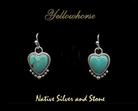 Z Artie Yellowhorse - Navajo<br>3/4" Earrings<br>Kingman Green Turquoise<br>Heart Shaped<br>7 Bead Accent<br>Hook<br>Sterling Silver