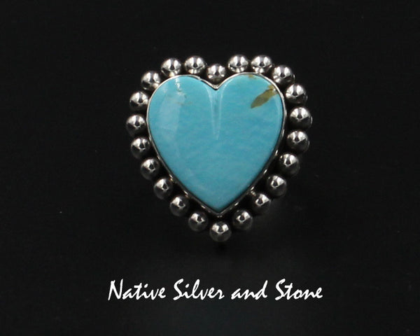 Z Artie Yellowhorse - Navajo<br>RGTSB<br>1" Ring<br>19mm Kingman Blue Turquoise Heart<br>Single Bead<br>Sterling Silver<br>Size 8