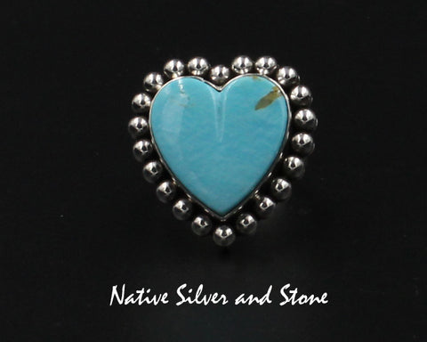 Z Artie Yellowhorse - Navajo<br>RGTSB<br>1" Ring<br>19mm Kingman Blue Turquoise Heart<br>Single Bead<br>Sterling Silver<br>Size 8