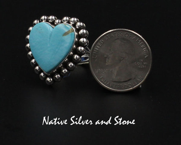 Z Artie Yellowhorse - Navajo<br>RGTSB<br>1" Ring<br>19mm Kingman Blue Turquoise Heart<br>Single Bead<br>Sterling Silver<br>Size 8