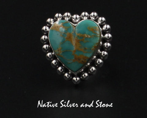 Z Artie Yellowhorse - Navajo<br>RGTSB<br>1" Ring<br>19mm Royston Turquoise Heart<br>Single Bead<br>Sterling Silver<br>Size 7-1/2