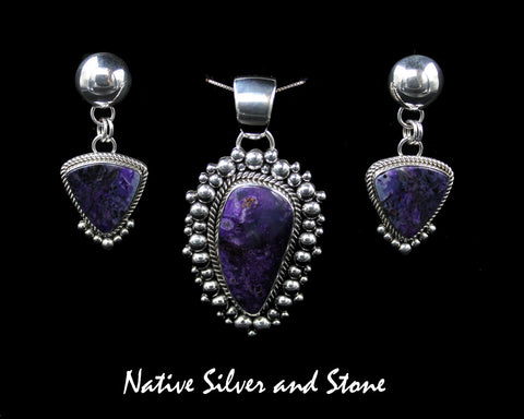 Artie Yellowhorse - Navajo<br>Set - Sugilite<br>Pendant Freeform  &<br>Earrings-Dangle Post<br>Triangles - Medium-Small<br>Sterling Silver