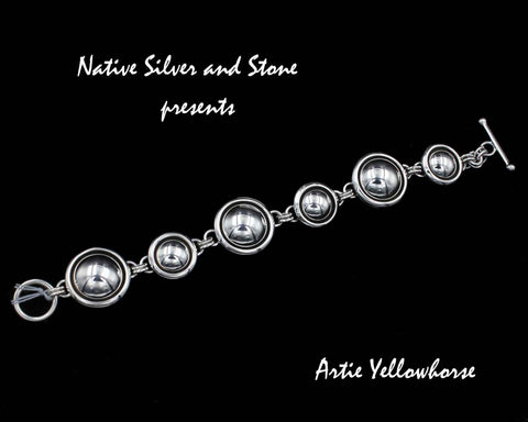 Artie Yellowhorse - Navajo<br>Bracelet - Link <br>7/8" & 11/16" Rounds All-Silver<br>Shadowbox<br>Sterling Silver<br>Size (as worn)  6-1/8 to 7