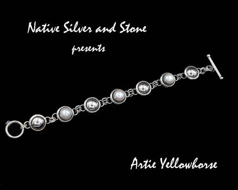 Z Artie Yellowhorse - Navajo<br>Bracelet - Link <br>Alternating Rounds<br>1/2" Shadowbox with<br>8mm White-Champagne Blush Pearls &<br>9/16" Shadowbox Silver Rounds<br>Sterling Silver<br>Size (as worn)  6-1/8 to 7