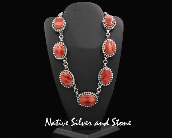 Z *Artie Yellowhorse-Navajo<br>19" Necklace <br>7 Orange Spiny Ovals<br> Sterling Silver