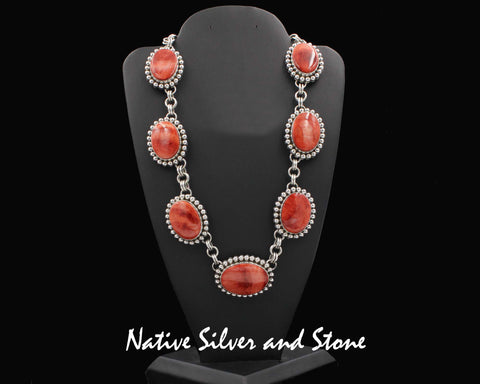 Z *Artie Yellowhorse-Navajo<br>19" Necklace <br>7 Orange Spiny Ovals<br> Sterling Silver
