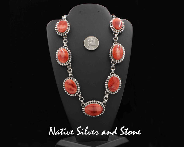 Z *Artie Yellowhorse-Navajo<br>19" Necklace <br>7 Orange Spiny Ovals<br> Sterling Silver