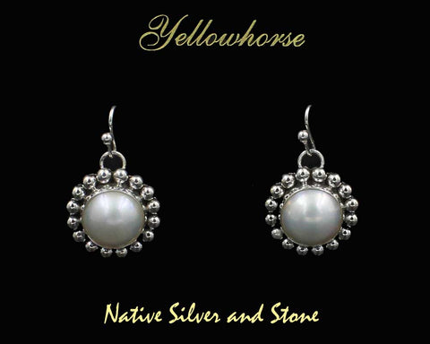 Artie Yellowhorse - Navajo<br>3/4" Earrings<br>13mm White<br>Mabe Pearl<br>Single Bead<br>Hook<br>Sterling Silver