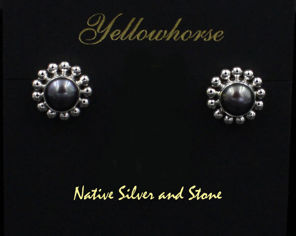 Z Artie Yellowhorse - Navajo<br>ERPPSB<br>9/16" Earrings<br>8mm Dark Grey<br>Freshwater Pearl<br>Single Bead<br>Post<br>Sterling Silver