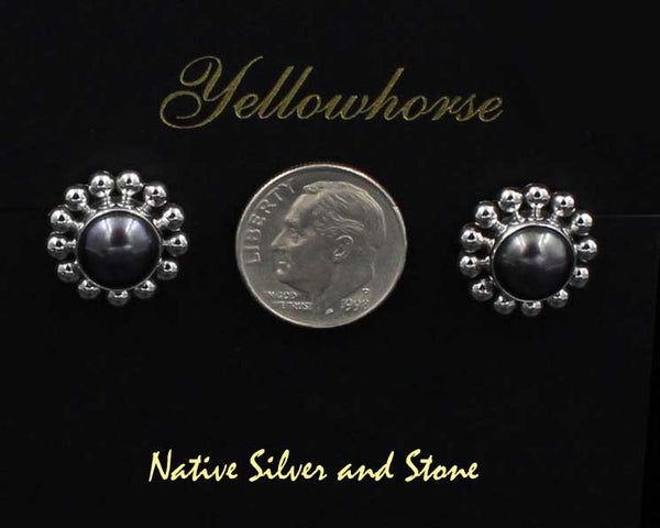 Z Artie Yellowhorse - Navajo<br>ERPPSB<br>9/16" Earrings<br>8mm Dark Grey<br>Freshwater Pearl<br>Single Bead<br>Post<br>Sterling Silver