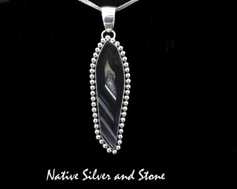 Z Artie Yellowhorse - Navajo<br>2-7/8" Pendant<br>Brazilian Agate - Black with Druzy<br>Vertical Freeform<br>Single Beads<br>Sterling Silver<br> 2 of 2