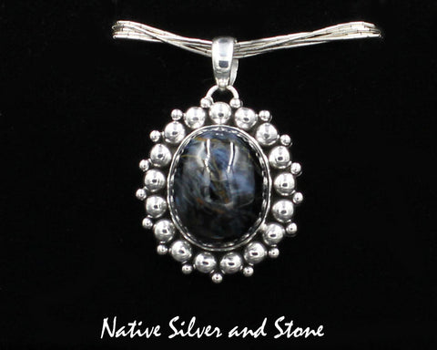Artie Yellowhorse - Navajo<br>PPTBB<br>1-1/4"  Pendant<br>Pietersite/Pietercite - Blue<br>Medium Vertical Oval<br>Multi Beads<br>Sterling Silver