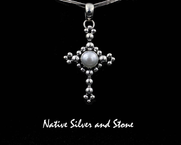 Z Artie Yellowhorse - Navajo<br>PDPMB<br>1-9/16" Pendant  Beaded Cross<br>with Pearl<br>Sterling Silver