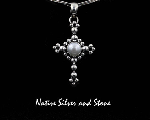 Z Artie Yellowhorse - Navajo<br>PDPMB<br>1-9/16" Pendant  Beaded Cross<br>with Pearl<br>Sterling Silver