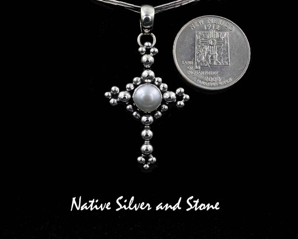 Z Artie Yellowhorse - Navajo<br>PDPMB<br>1-9/16" Pendant  Beaded Cross<br>with Pearl<br>Sterling Silver