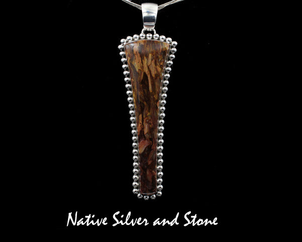 Z Artie Yellowhorse - Navajo<br>3-7/8" Pendant<br>Pietersite/Pietercite<br>Brown-Gold-Olive<br>Long Freeform "Shield"<br>Single Bead<br>Sterling Silver
