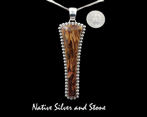 Z Artie Yellowhorse - Navajo<br>3-7/8" Pendant<br>Pietersite/Pietercite<br>Brown-Gold-Olive<br>Long Freeform "Shield"<br>Single Bead<br>Sterling Silver