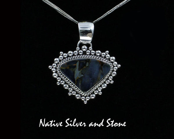 Z Artie Yellowhorse - Navajo<br>PPTBB<br>1-5/16"  Pendant<br>Single Twist & Burst Bead/Scatterdot<br>Small Horizontal Triangle<br>19mm x 28mm Pietersite/Pietercite<br>Blue-Gold-Grey Dominant<br>Sterling Silver-1
